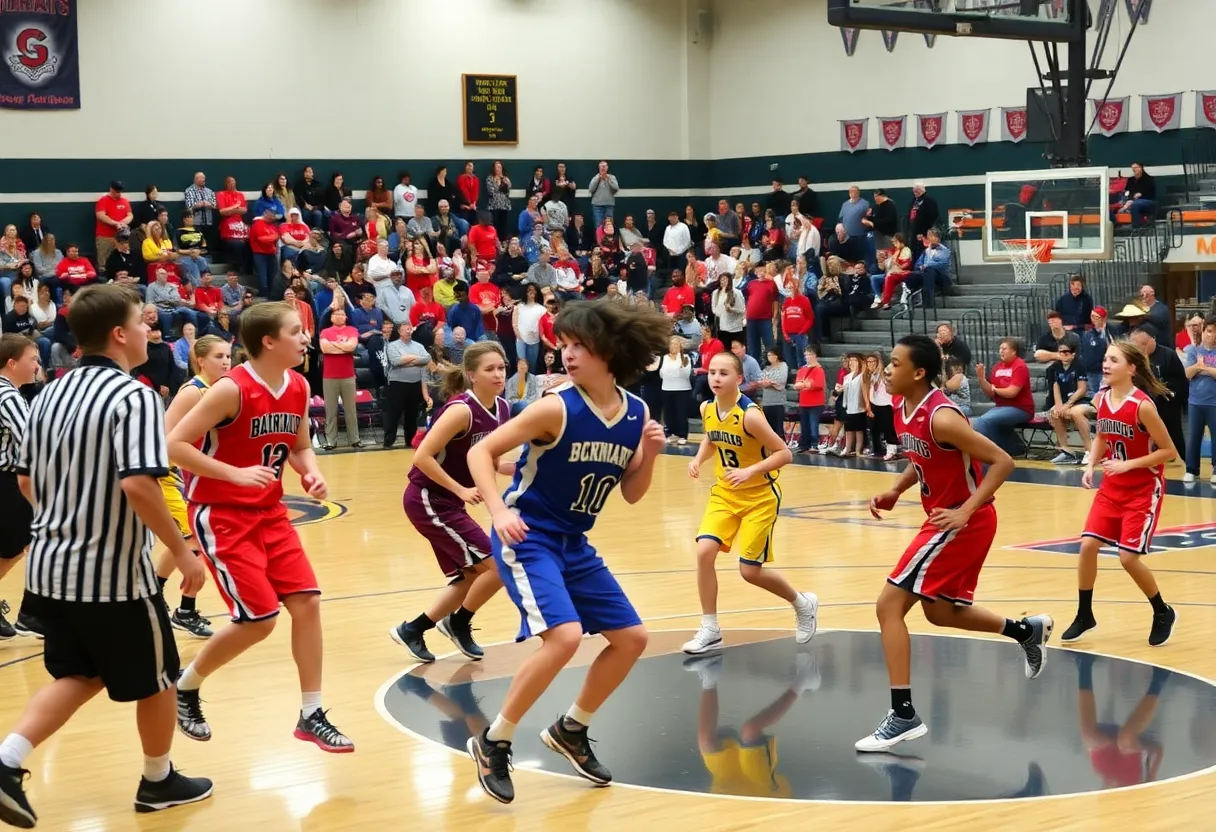 Basketball players from Oologah and Catoosa competing on the court.