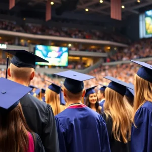 Graduates celebrating at Oklahoma State University commencement at Gallagher-Iba Arena.