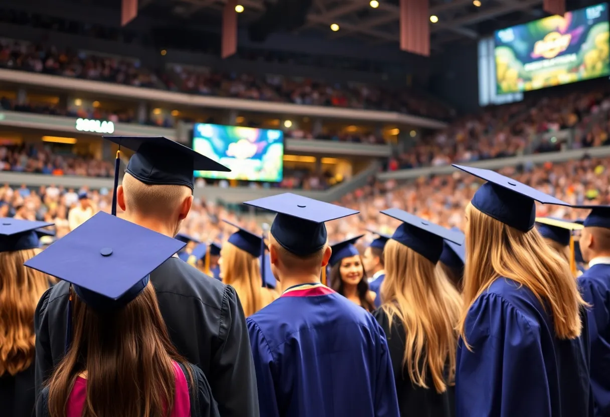 Graduates celebrating at Oklahoma State University commencement at Gallagher-Iba Arena.