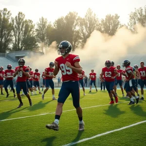 Players training on the football field at Oklahoma State University
