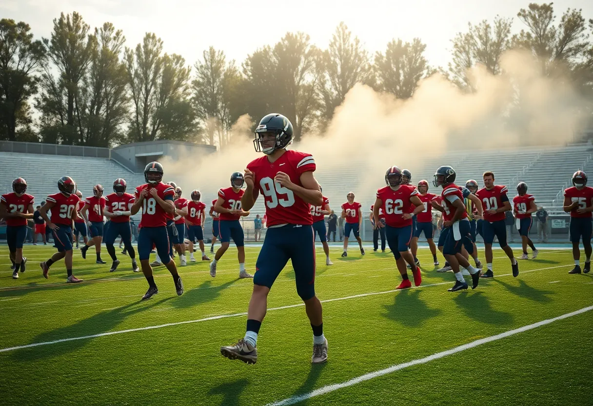 Players training on the football field at Oklahoma State University