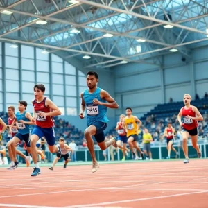 Athletes competing in indoor track and field event at Oklahoma State University.