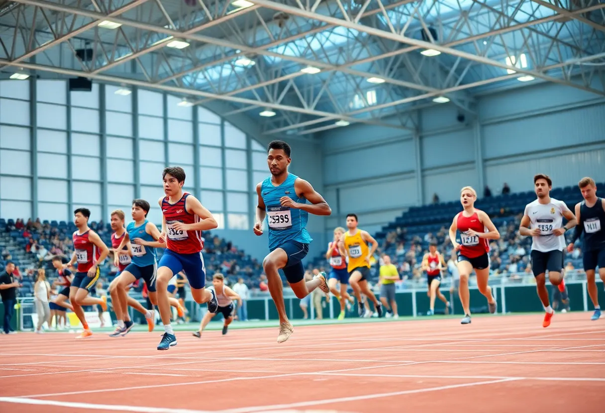Athletes competing in indoor track and field event at Oklahoma State University.