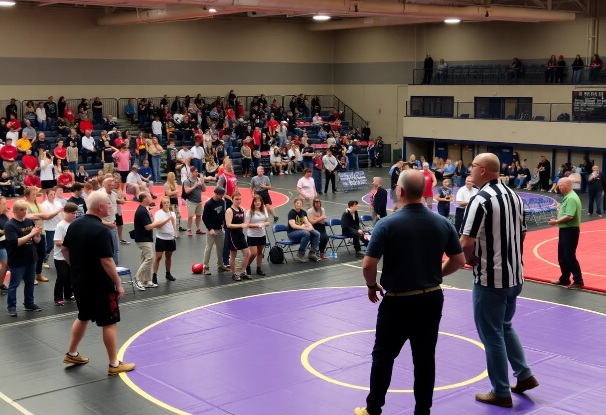 Wrestlers competing at the Cougar Clash in a lively arena