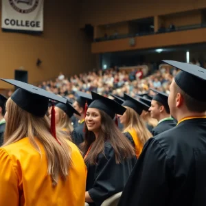 Graduates at OSUIT's Fall Commencement ceremony in caps and gowns.