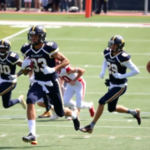 Oklahoma State University football players during a game showcasing teamwork and athletic skill.