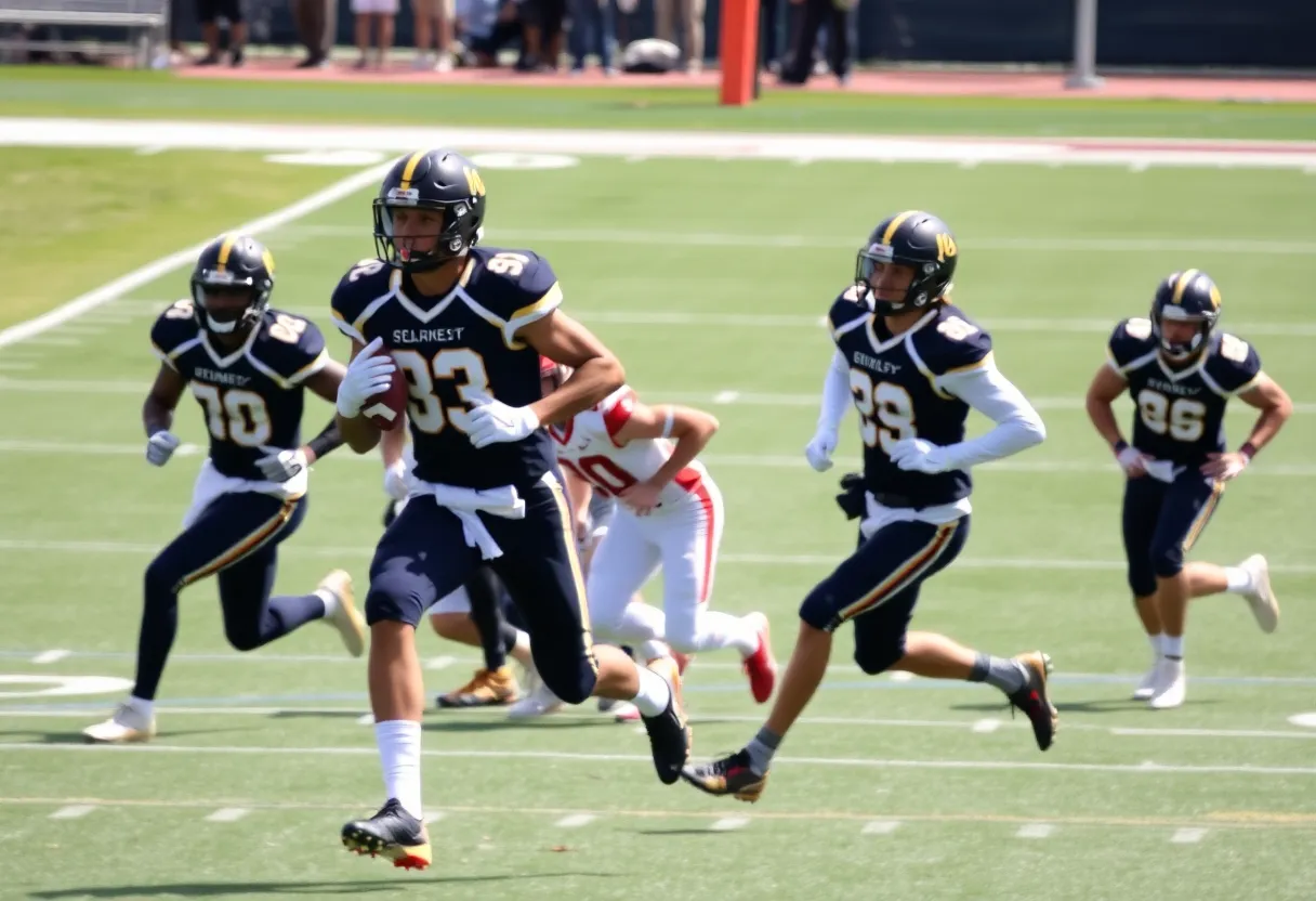 Oklahoma State University football players during a game showcasing teamwork and athletic skill.