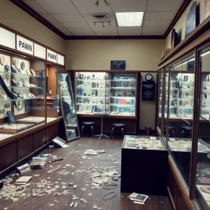 Interior of a pawn shop with broken display cases and jewelry scattered around
