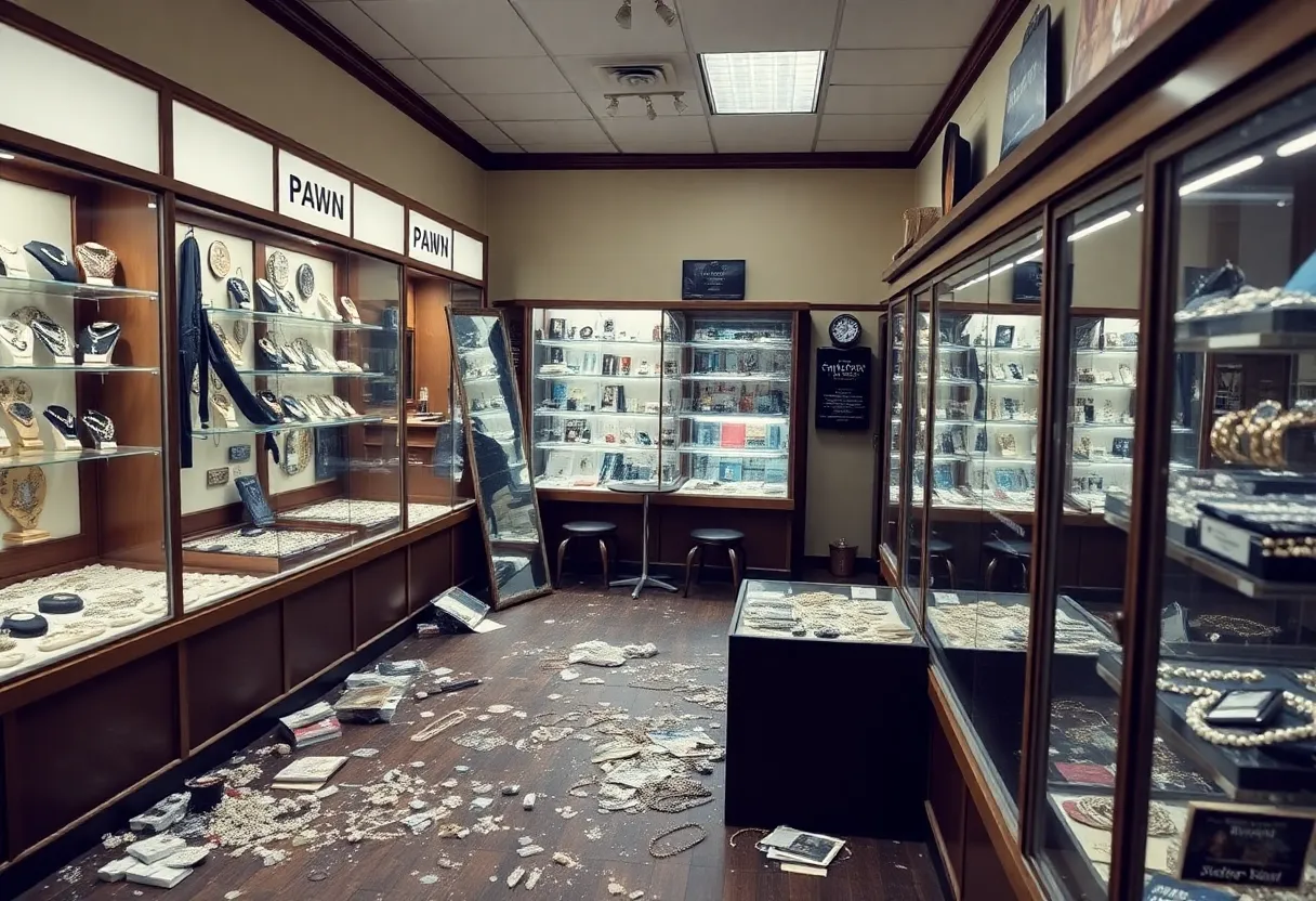 Interior of a pawn shop with broken display cases and jewelry scattered around