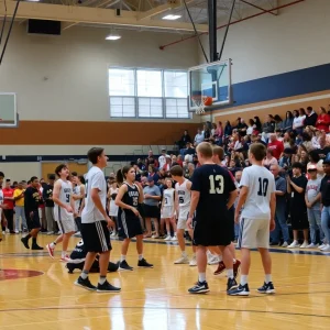 Action shot of Poultney high school basketball team in a competitive game