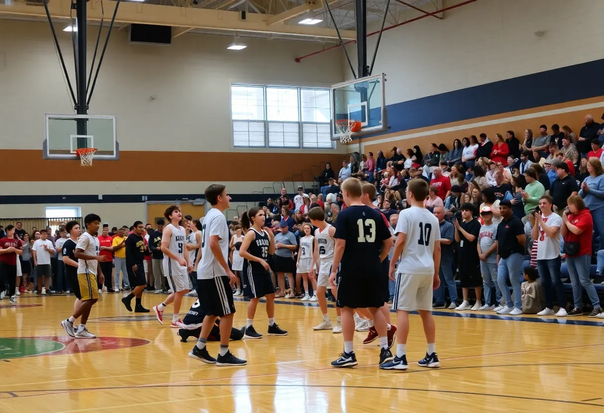 Action shot of Poultney high school basketball team in a competitive game