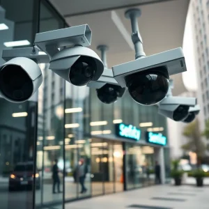 A modern security operations center with video monitoring equipment.