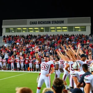 Celebration of Rejoice Christian School football team in Chad Richison Stadium