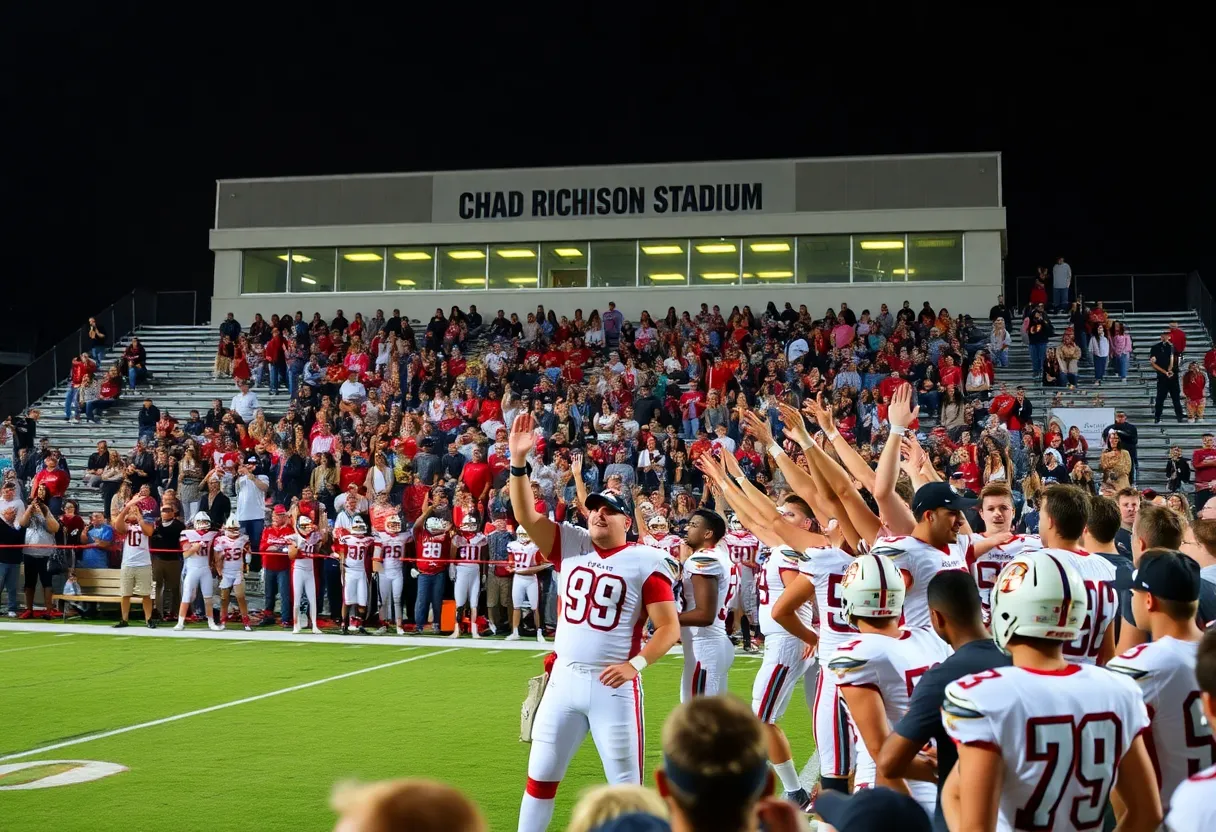Celebration of Rejoice Christian School football team in Chad Richison Stadium