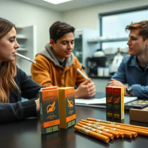 Researchers examining flavored cigarillo products in a lab