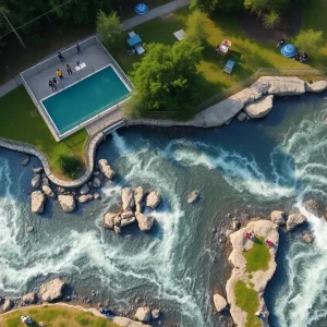 Aerial view of Riversport OKC with athletes on the rapids