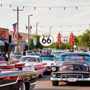 Celebration scene of Route 66 with classic cars and festive decor