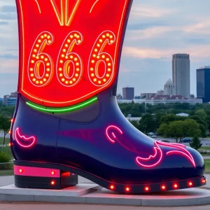A neon-style boot sculpture named '66 Kicks' celebrating Route 66