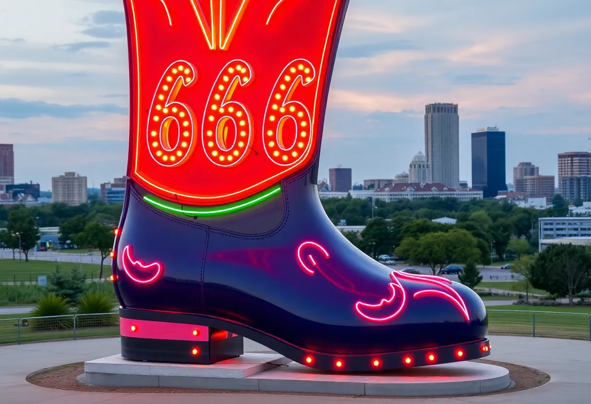 A neon-style boot sculpture named '66 Kicks' celebrating Route 66