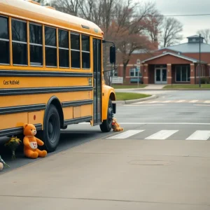 Memorial for a school bus accident victim with flowers and teddy bears