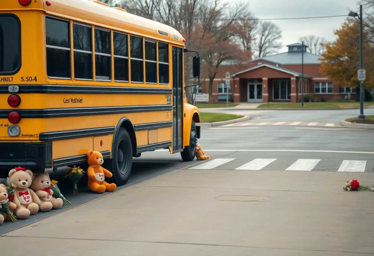 Memorial for a school bus accident victim with flowers and teddy bears