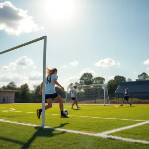 Soccer field with players representing women's sports