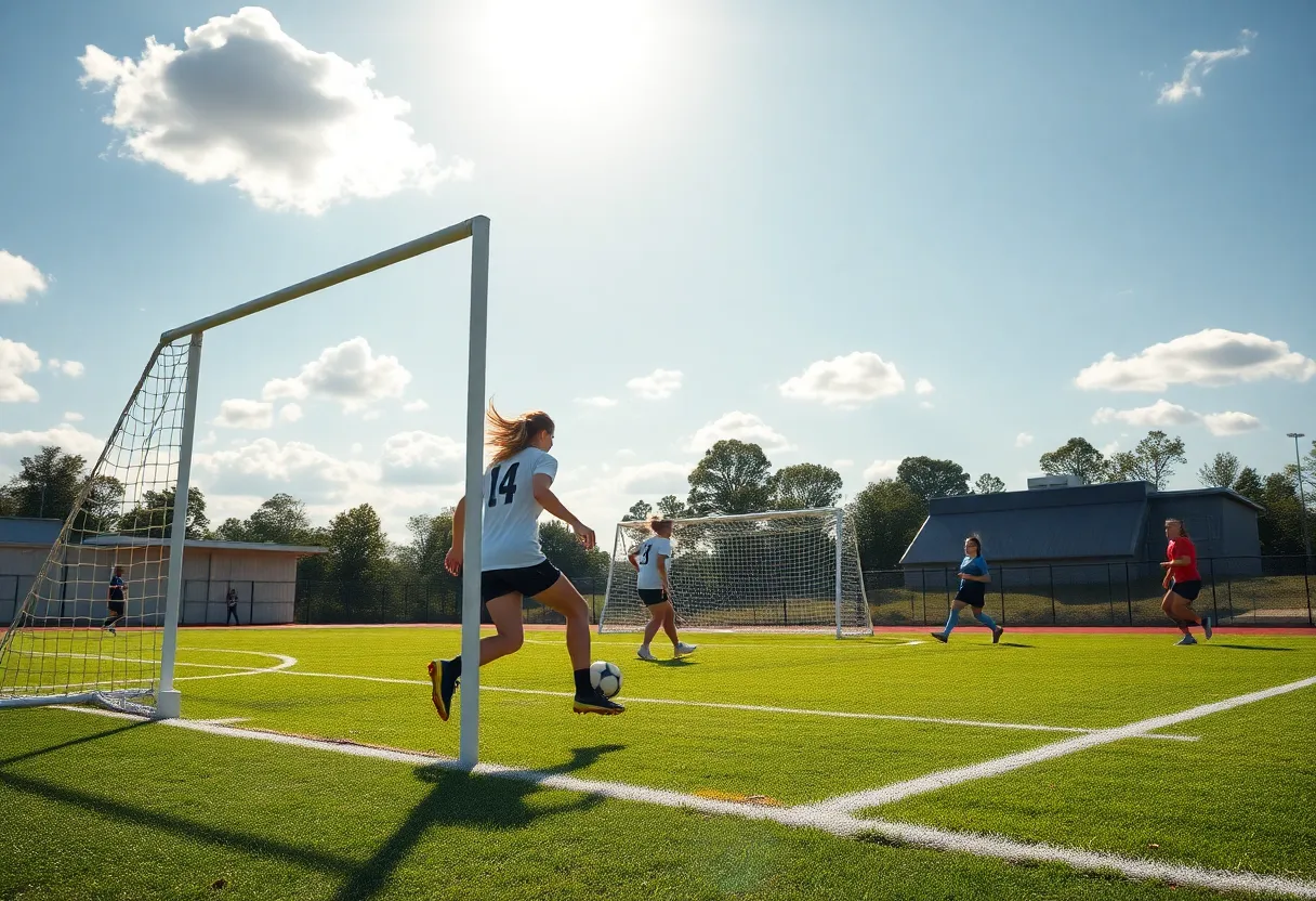 Soccer field with players representing women's sports