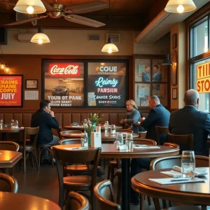 Dining table featuring advertisements for local businesses at Misfit Pits BBQ