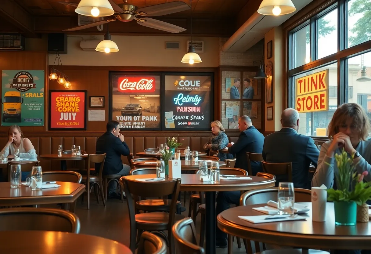 Dining table featuring advertisements for local businesses at Misfit Pits BBQ
