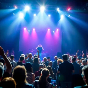 An audience enjoying a live concert by the Texas Headhunters, with vibrant stage lights and musicians performing.