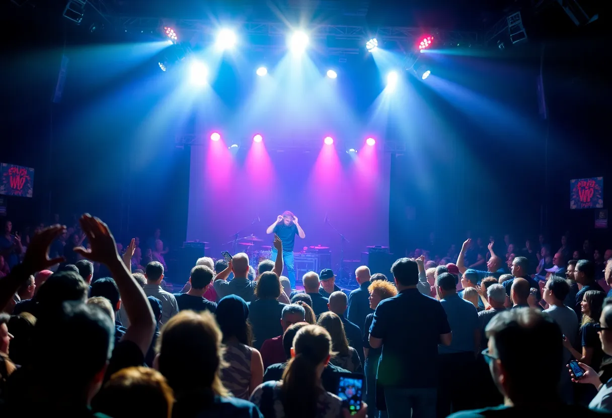 An audience enjoying a live concert by the Texas Headhunters, with vibrant stage lights and musicians performing.