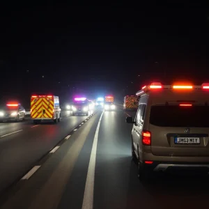 Emergency vehicles on Lake Hefner Parkway at night