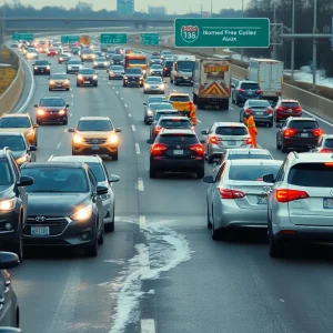 Scene of a traffic accident on an urban highway with emergency services