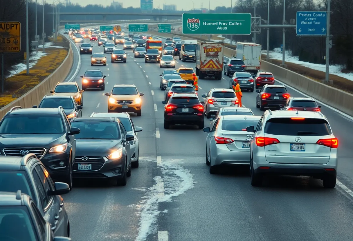 Scene of a traffic accident on an urban highway with emergency services