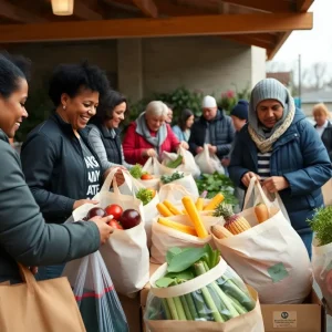 Families receiving fresh produce at the Tulsa food distribution event.