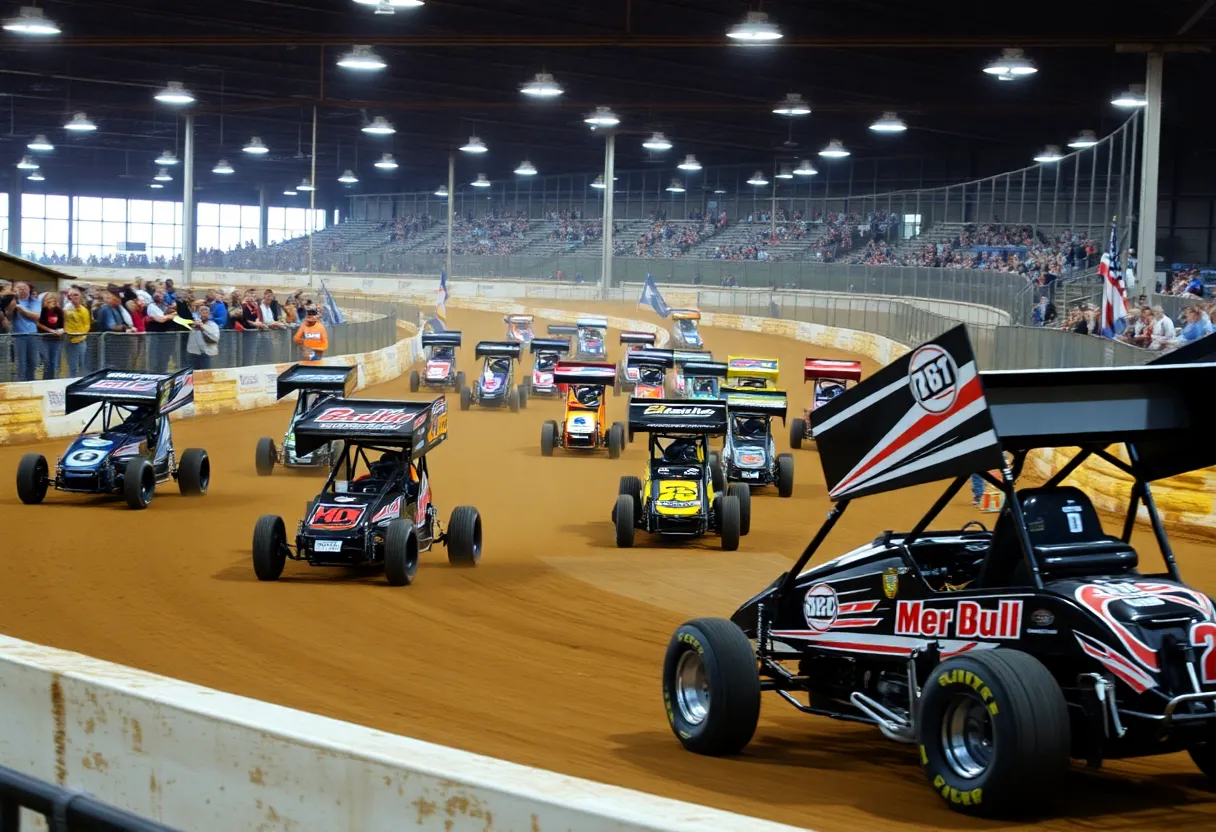 Indoor dirt racing action at the Tulsa Shootout with multiple cars racing