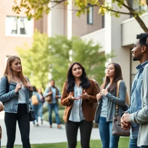 Diverse students engaged in discussion on campus.