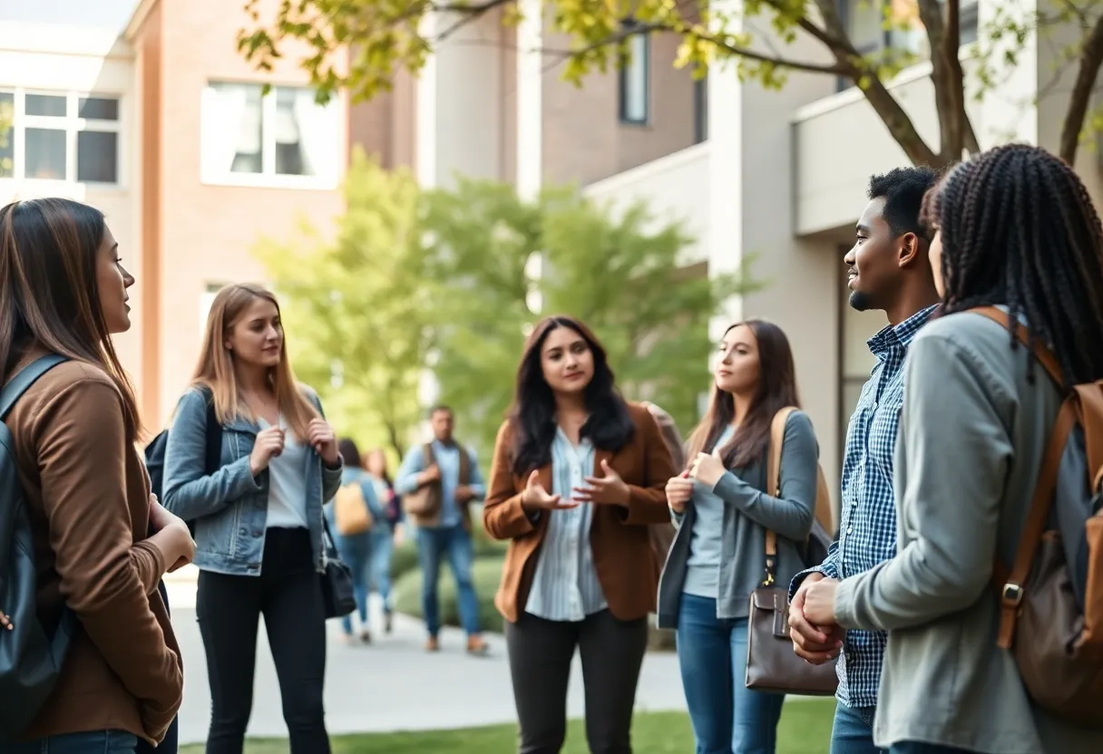 Diverse students engaged in discussion on campus.
