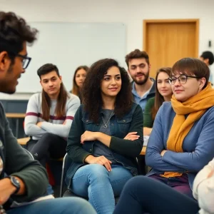 Students in a classroom discussing academic topics