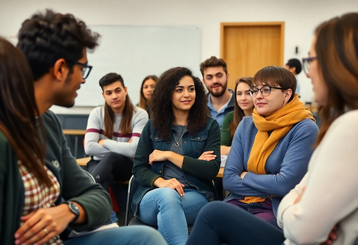 Students in a classroom discussing academic topics
