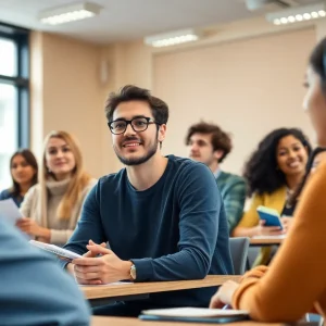 Students discussing academic topics in a classroom setting