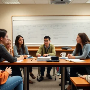 Students in a university classroom discussing academic freedom