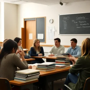 Students engaged in a discussion about academic integrity and free speech in a classroom.