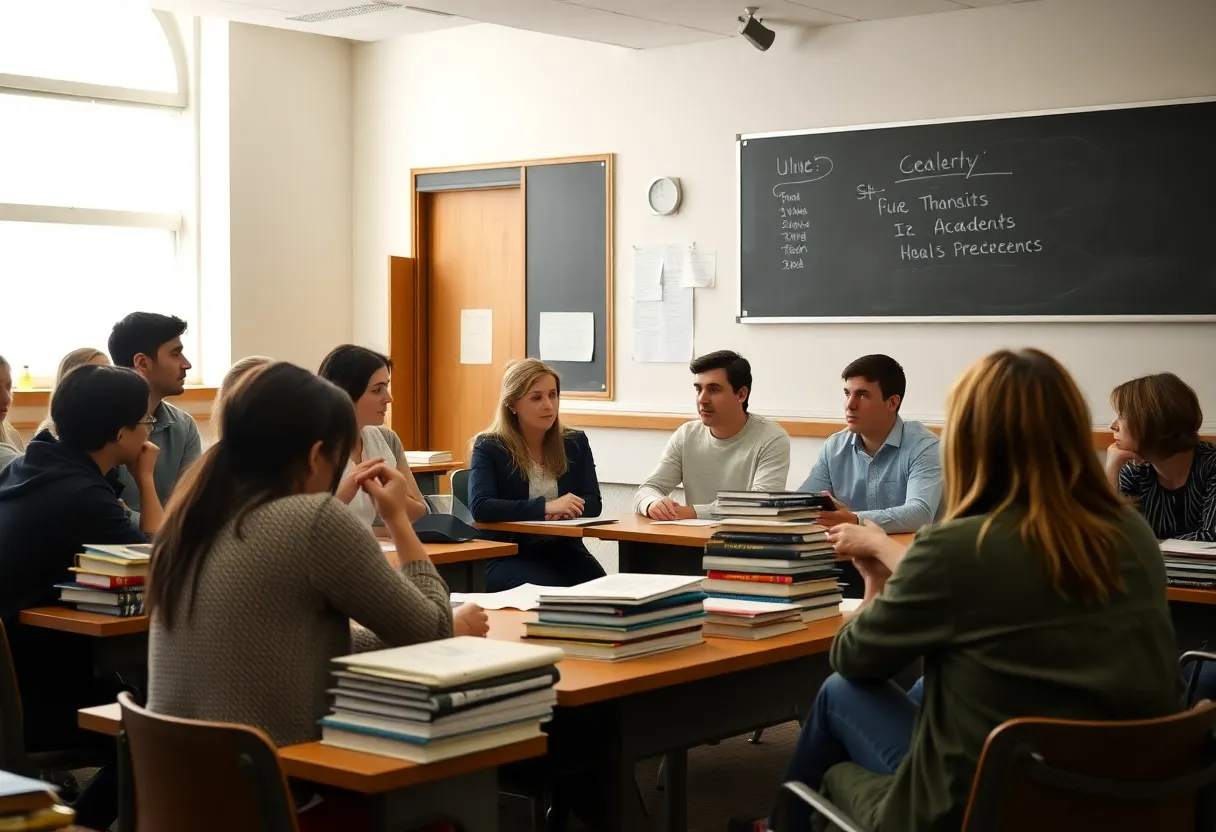 Students engaged in a discussion about academic integrity and free speech in a classroom.