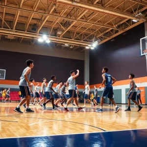 U.S. Grant High School basketball players in action during a game