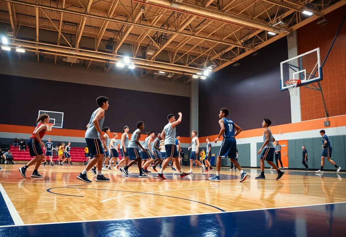 U.S. Grant High School basketball players in action during a game