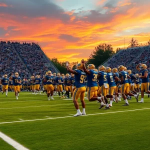 Vian Wolverines celebrating after scoring during a football game.