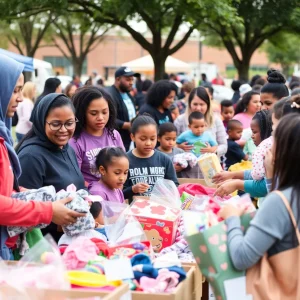 Families receiving support items at the Oklahoma City Warm & Fuzzy Program event