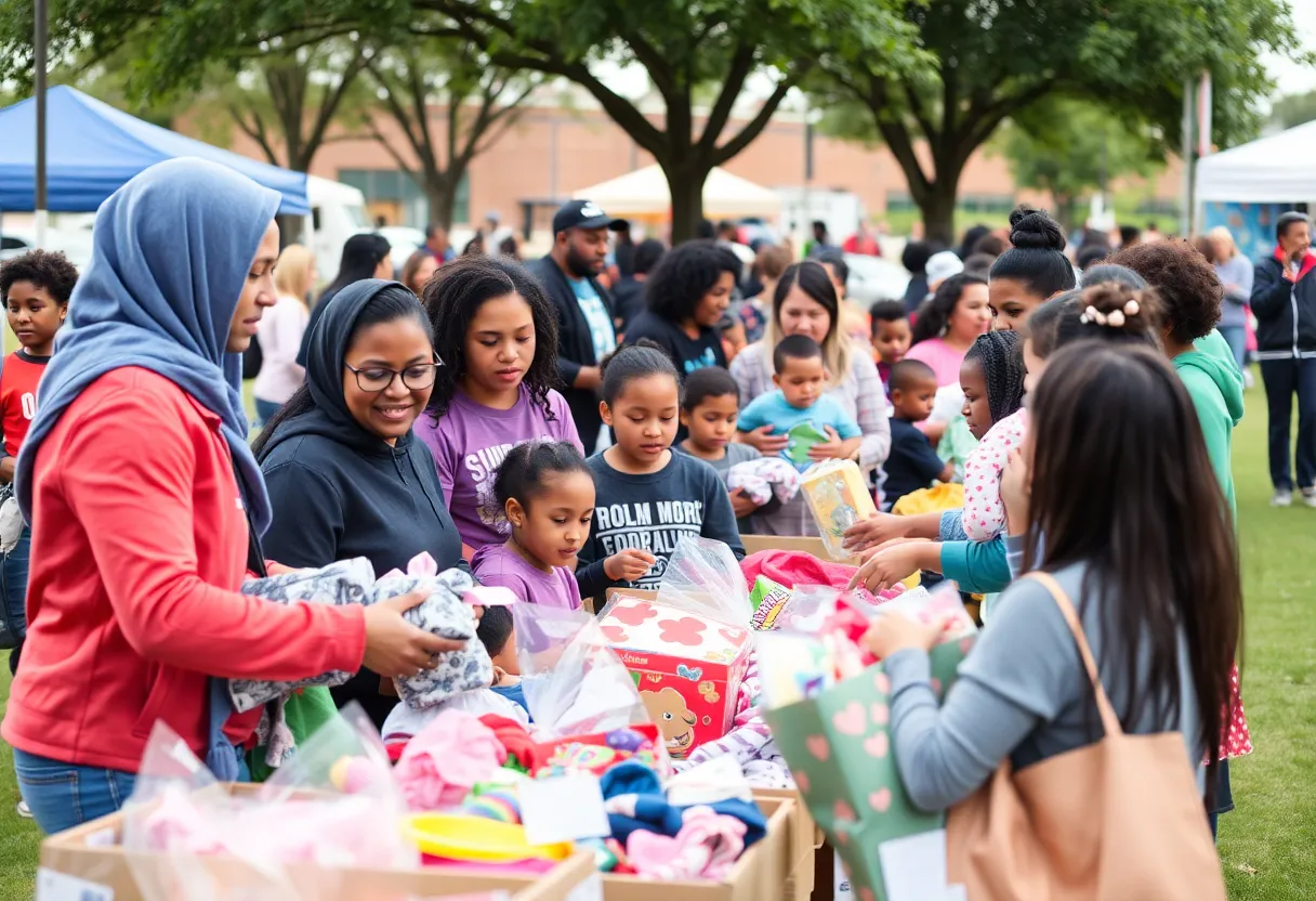 Families receiving support items at the Oklahoma City Warm & Fuzzy Program event