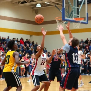 Warner Eagles playing against Wright City in a basketball match.